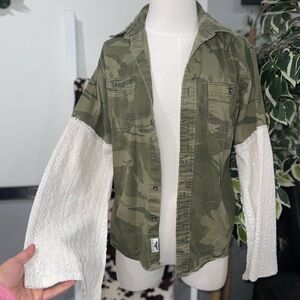 Custom Wrangler Camo Shirt with cream color Sleeves and desert graphic patch
